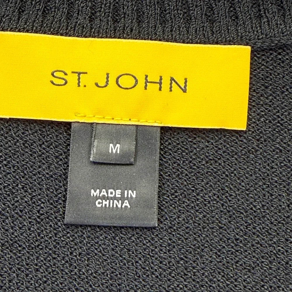 St John Wool Rayon Full Zip Mock‎ Neck Geometric Sweater Black Tan Medium READ